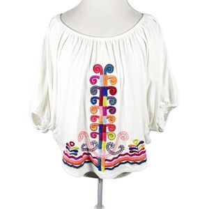 White Embroidered Latin Ethnic Boho Top Va Va Joy Han Oversized Stretch Size S